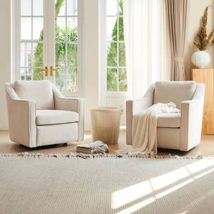 lot 10274 image: COLAMY 360° Swivel Accent Chair Set of 2, Upholstered Fabric Leisure Armchair with Lumbar Pillow for Living Room Bedroom Home Office, Beige