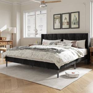 lot 10286 image: HAOARA King Bed Frame with Headboard, Velvet Upholstered Platform Bed Frames, Contemporary Mattress Foundation, Noise Free, No Box Spring Needed, Easy Assembly, Black