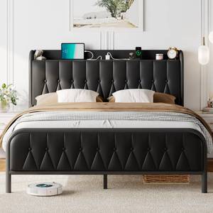 lot 10287 image: Feonase Leather Full Size Bed Frame with Fast Charging Station,Full Metal Platform Beds with Upholstered Headboard &amp Footboard,12 Underbed Storage Space,Easy Assembly,Noise-Free,Black&nbsp