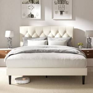 lot 10288 image: Queen Size Platform Bed Frame with Velvet Upholstered Headboard, Button Tufted Design, No Box Spring Needed, Beige