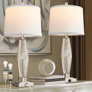 lot 1685 image: QiMH Table Lamps Set of 2, Bedroom Lamp with USB AC Charging Ports, Modern Beside Lamps for Living Room with White Shade Rotary Switches, Glass Nightstand Lamp Home Decor (LED Bulbs Included) - Retail $86.25