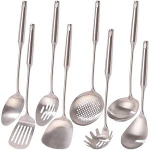 lot 1720 image: A 1810 Stainless Steel Kitchen Utensils Set - 15�� Long Metal Cooking Tools & Serving Utensil, 9 PCS - Meat Fork, Solid Spoon, Slotted Spoon, Spatula, Ladle, Skimmer, Tunner, Pasta Serve, Large Spoon