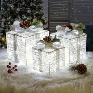 lot 1721 image: PIXFAIRY Set of 3 Christmas Light-up Boxes, pre-Lighted 60 LED Light-up Boxes for Decoration, Battery-Powered Silver Linen Decorative Light-up Boxes for IndoorOutdoor, Christmas Tree, Home