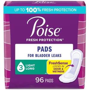 lot 1723 image: Poise Incontinence Pads & Postpartum Incontinence Pads, 3 Drop Light Absorbency, Long Length, 96 Count (4 Packs of 24), Packaging May Vary