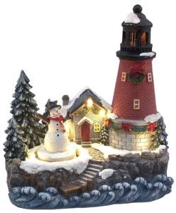 lot 1729 image: Lightahead Christmas Scene LED Lighted Lighthouse with Turning Snowman Figurine, A Musical Decoration with 8 melodies