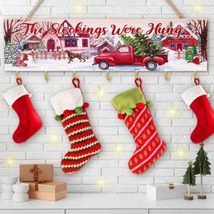lot 2096 image: Maitys Christmas Stocking Holder with 7 Hangers Wooden Stocking Organizer The Stockings were Hung Wooden Sign Xmas Mantel Snowmen Wall Mount Hanging Hook Stockings Hangers for Wall Mantel(Truck)