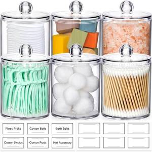 lot 6016 image: AOZITA 6 Pack Acrylic Qtip Holder Dispenser for Cotton Ball, Cotton Swab, Cotton Round Pads, Floss - Clear Plastic Apothecary Jar Set, Bathroom Canister Storage Organization, Vanity Makeup Organizer