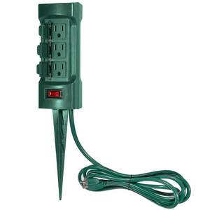 lot 6048 image: BESTTEN Outdoor Power Strip with Covers and Overload Protection Switch, Double Sided 6-Outlet Yard Power Stake with 9-Foot Long Extension Cord, ETL Certified, Green