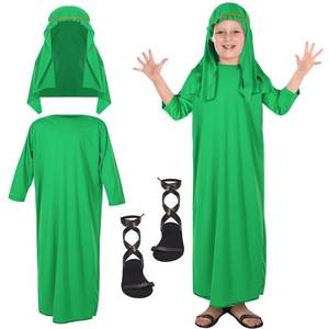 lot 6380 image: 3 Pcs Child Shepherd Costume Biblical Times Shepherd Green Costume for Kids with Green Robe Jesus Draped Headpiece Strappy Sandals for Halloween