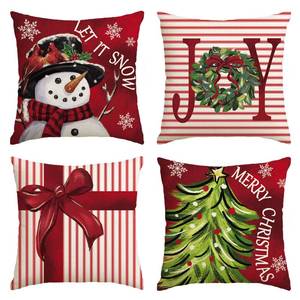 lot 6389 image: AVOIN colorlife Merry Christmas Let It Snow Joy Stripes Gift Box Red Throw Pillow Covers, 20 x 20 Inch Xmas Tree Holiday Cushion Case Decoration for Sofa Couch Set of 4