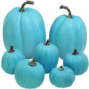 lot 6393 image: Winlyn 7 Pcs Assorted Artificial Teal Blue Pumpkins Halloween Pumpkins Faux Coastal Decorative Foam Pumpkins for Fall Baby Shower Thanksgiving Halloween Table Centerpiece Shelf Mantel D�cor