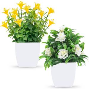 lot 6408 image: Der Rose 2 Pack Fake Plants Mini Artificial Faux Plants with Flowers for Home Office Table Room Farmhouse Decor Indoor