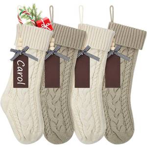 lot 6413 image: KaKaPops Christmas Stockings, 4 Pack 18 Large Cable Knit Xmas Stockings Personalized with Wooden Name Tags for Christmas Decorations Family Holiday Party Decor (Ivory, Khaki)