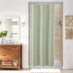 lot 6416 image: MitoVilla Boho Small Stall Fabric Shower Curtain 36 x 72, Sage Green Half Size Narrow Cotton Linen Tassel Cloth Shower Curtains for Chic Modern Farmhouse Country Bathroom Decor
