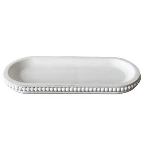 lot 6423 image: dwellington Wooden Farmhouse Decorative Tray, 12in Rustic Beaded Tray for Living Room Decor, Kitchen Table D�cor, Oval Coffee Table Serving Tray (White)