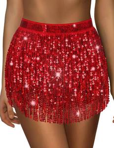lot 6446 image: Red Sequin Skirt Red Sparkly Skirt Red Sparkle Skirt Red Glitter Skirt Red Fringe Skirt Tinsel Skirt Red Tassel Skirt