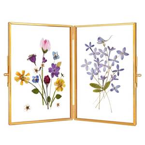 lot 6463 image: REDHUGO Glass Pressed Flower Frame Handmade, Hinged Double Press Flower Frame, Tabletop Brass Photo Frames, Rectangle Dried Flower Display Folding Frame for Home, Gold,4�6 Inches