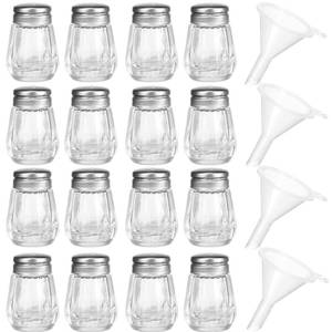 lot 6469 image: Potchen Cube Shape Wedding Glass Mini Pepper Shakers Restaurant 0.5 oz Small Salt Shakers Set Clear Spice Shaker with 4 Pieces Plastic Mini Funnels for Wedding Home Party(Silver)