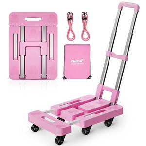 lot 7096 image: OUNAN 90° Multi-Functional Folding Hand Truck,500lbs Heavy Duty Dolly - Dolly Cart with 6 Wheels & 2 Elastic Ropes, Hand Cart with Upright Handle for Moving, Trolley, Travel, Office and Home Use(PINK)