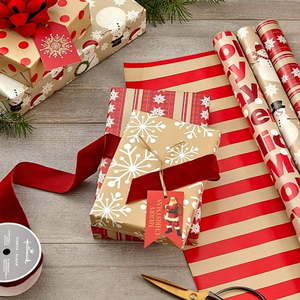 lot 7100 image: Hallmark Reversible Christmas Wrapping Paper (3 Rolls 120 sq. ft. ttl) Merry Holidays Snowflakes Snowmen Red Stripes