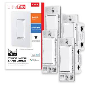 lot 8046 image: UltraPro 700 Series Z-Wave in-Wall Smart Rocker Light Dimmer with QuickFit & SimpleWire, 3-Way Ready, Works with Alexa, Google Assistant, Z-Wave Hub Required, Smart Home, Voice Control, 4 Pack, 59373 - Retail $95.97