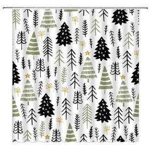 lot 8093 image: AEMBEE Christmas Tree Shower Curtain Cute Xmas Black Sage Green Pine Winter Holiday New Year Fabric Decorative Bathroom Curtains with Hooks,Green Black White