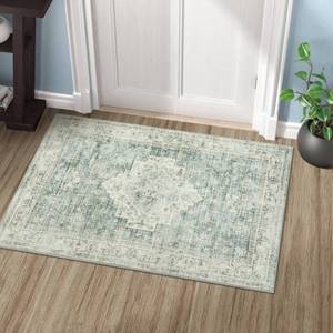 lot 8101 image: LIVEBOX Washable Rug 2x3 - Indoor Entryway Rug Boho Low-Pile Small Rug for Front Door, Print Distressed Doormat Carpet Non-Slip Indoor Outdoor Rugs, Sage Green