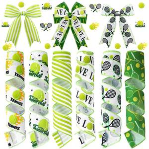 lot 8104 image: Juexica 6 Rolls 30 Yards Tennis Wired Edge Ribbon Sports Ball Burlap Ribbons Green White Stripes Ribbons Party Decorative for Bow Sewing Wreath Sport Events DIY Crafts Gift Wrapping Home Decor