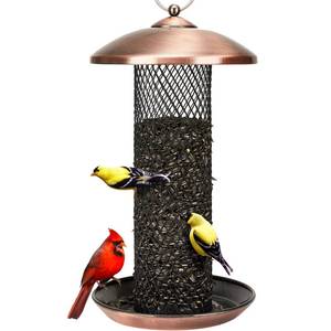lot 8126 image: Kingsyard Mesh Tube Bird Feeders for Outdoors Hanging, All Metal, Wild Bird Feeder for Sunflower Seeds or Mealworm, Large Tray & Weatherproof Roof, 2.5 lbs Capacity (Antique Copper)