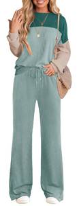 lot 8132 image: ETCYY NEW Womens 2 piece Outfits Lounge Sets Long Sleeve Textured Line Tracksuits Color Block Tops Wide Leg Pants With Pocket