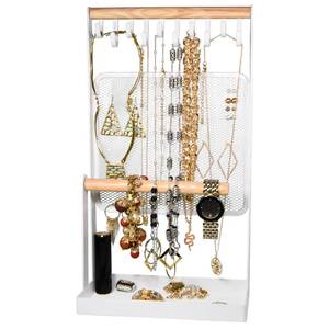 lot 8133 image: AMT Jewelry Organizer Stand, 14 Inch Height Extra Tall Jewelry Necklace Holder Jewelry Holder, Organizer Display & Storage for Earrings Ring Bracelet (Natural Wood & White, 10 Hooks- Mesh)