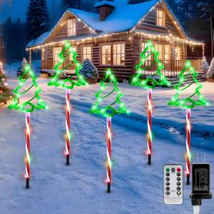 lot 8171 image: 5 Pack Plug in Christmas Pathway Lights Outdoor Decorations with Timer, 8 Modes Green Lighted Xmas Tree Candy Waterproof Led Garden Stake Lights for Walkway Yard Lawn Porch Holiday Decor