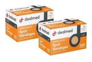 lot 8185 image: Dealmed Sheer Plastic Spot Bandages �� 78�� Small Round Sterile Strips, Adhesive Outer with Non-Stick Pad, Latex Free, Wound Care for First Aid Kit, 100 per Box (2 Pack)