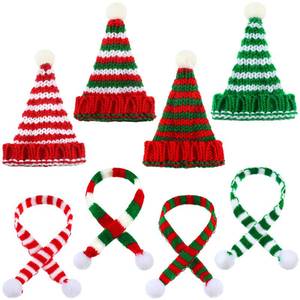 lot 8190 image: Geyoga 8 Pcs Christmas Mini Knit Doll Hats and Scarves Decor Mini Santa Hat for Craft DIY for Xmas Tree Wine Bottle Gift (Red, White, Green,Stripe)