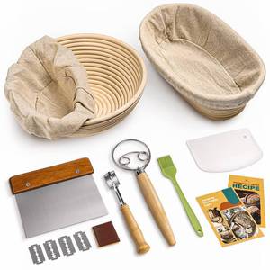 lot 8203 image: RORECAY Bread Banneton Proofing Basket Set, 9 Inch Round & 10 Inch Oval Cane Sourdough Baskets with Dough Whisk Bread Lame Dough Scraper Bowl Scraper Silicone Brush Sourdough Bread Baking Supplies