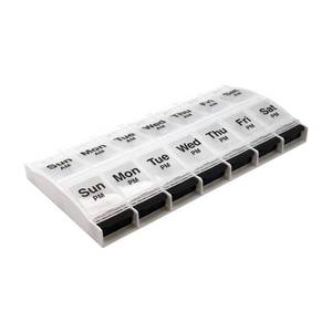 lot 8215 image: EZY DOSE Push Button (7-Day) Pill Case, Medicine Planner, Vitamin Organizer, 2 Times a Day AMPM, Large Compartments, Arthritis Friendly, Clear Lids, ClearBlack, BPA Free