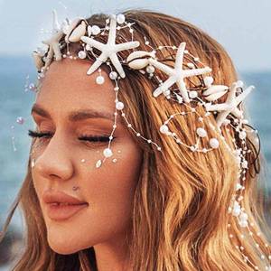 lot 8221 image: Unicra Starfish Headband Pearl Bride Wedding Hair Vine Shell Bridal Headpiece Beach Hair Accessories for Women and Girls (White Brown, Free Size)