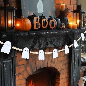 lot 8258 image: Halloween Garland Decorations - Adjustable Cute Hanging Ghost Garland Fireplace Decor - Pre-Strung Aesthetic Boho Wood Beads Mantel Garland for Home Room Indoor Farmhouse Office Wall Halloween Decor