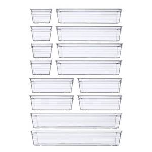 lot 8269 image: DCA 14 PCS Clear Plastic Drawer Organizer Tray, 4 Sizes Desk Drawer Divider Organizers and Storage Bins for Makeup, Kitchen Utensils, Jewelries and Gadgets