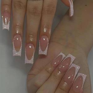 lot 8311 image: Mkwntg White Glitter French Tip Press on Nails Medium Long Square Fake Nails Shiny Stick on Nails Glossy French False Nails Reusable Full Cover Glue on Nails for Women DIY Manicure Decoration 24Pcs