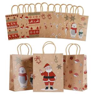 lot 8349 image: Mjokoj 24 Pack Christmas Gift Bags, 6 Designs Christmas Kraft Paper Bags, 8.85x7.08x3.5 Inches with Handles Xmas Gift Bags, Suitable for Holiday Kraft Paper Gift Bags, Reusable Christmas Gift Bags