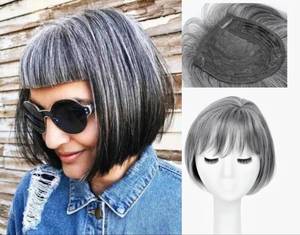 lot 8361 image: Civrie Hair Toppers for Women with Bangs Short Bob Synthetic Hair Pieces for Thinning Hair Side Part Hair Toppers for Women Grey Mixed