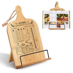 lot 8404 image: Cookbook Stand for Kitchen Counter - Bamboo Recipe Book Holder with Conversion Chart Adjustable Non-Slip Cookbook Holder Kitchen Gifts for Women Gifts for Housewarming Christmas Retirement Wedding