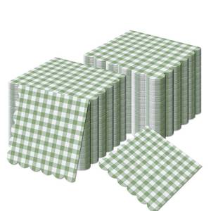 lot 8412 image: A 120 Pieces Sage Green Scalloped Cocktail Napkins Plaid Disposable Paper Napkins Green Gingham Guest Napkins for Wedding Bridal Shower Baby Shower Dinner Beverage Supplies