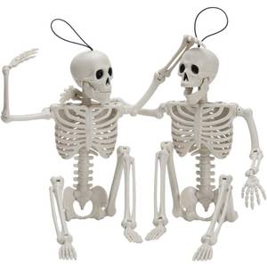 lot 8413 image: JOYIN 2 PCS 16 Halloween Posable Skeletons Hanging Decoration, 16�� Full Body Posable Joints Plastic Skeletons with Movable Joints for Halloween Indoor Outdoor Decorations(White)