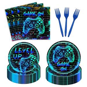 lot 8414 image: Neon Game On Decorations Tableware - Video Game Happy Birthday Paper Plate Napkin Forks for Boys Graffiti Wall Level Up Gaming Night Arcade Birthday Party Supplies Serve 24 Guests