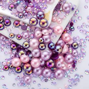 lot 8426 image: A 60g Light Amethyst Pearls Rhinestones for Crafts Mixed Size 3mm-10mm AB Color Round Half Pearls Flatback Pearl Beads and Resin Rhinestones Set for Face Art with Gel Gel