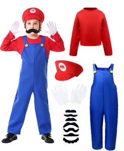 lot 8431 image: ELEGAWHISPR Halloween Costume Kids Plumber Jumpsuit with Hat Gloves Moustache Costume Accessories Set (Red, XS)