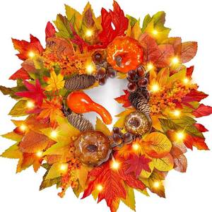 lot 8435 image: Prelit & Timer 16 20 LED Fall Wreaths for Front Door, Small Fall Wreath with Lights Thanksgiving Wreath 7 Style 5 Mixcolor 54 Maples Leafed 3 Pumpkin Autumn Wreath Thanksgiving Decorations Outdoor