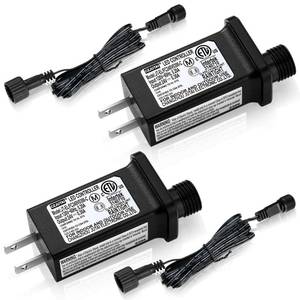 lot 8455 image: A 2 Pcs Class 2 Power Supply with 2 Extension Cord LED Transformer Replacement for Christmas String Lights LED Controller IP44 Waterproof Low Voltage Transformer(24v7.2w, 8 Modes)